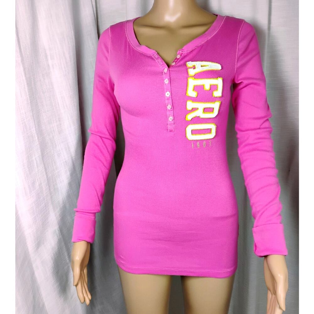 Aeropostale Fits Like Womens Small Pink Y2K Varsity Henley Applique 1987